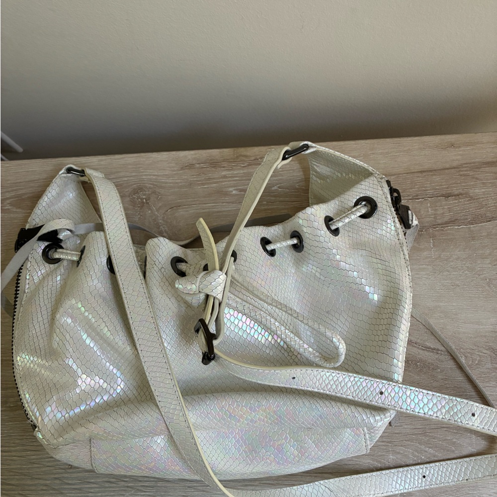 Aimee Kestenberg Serene Leather Drawstring Crossbody Hologram Snake White